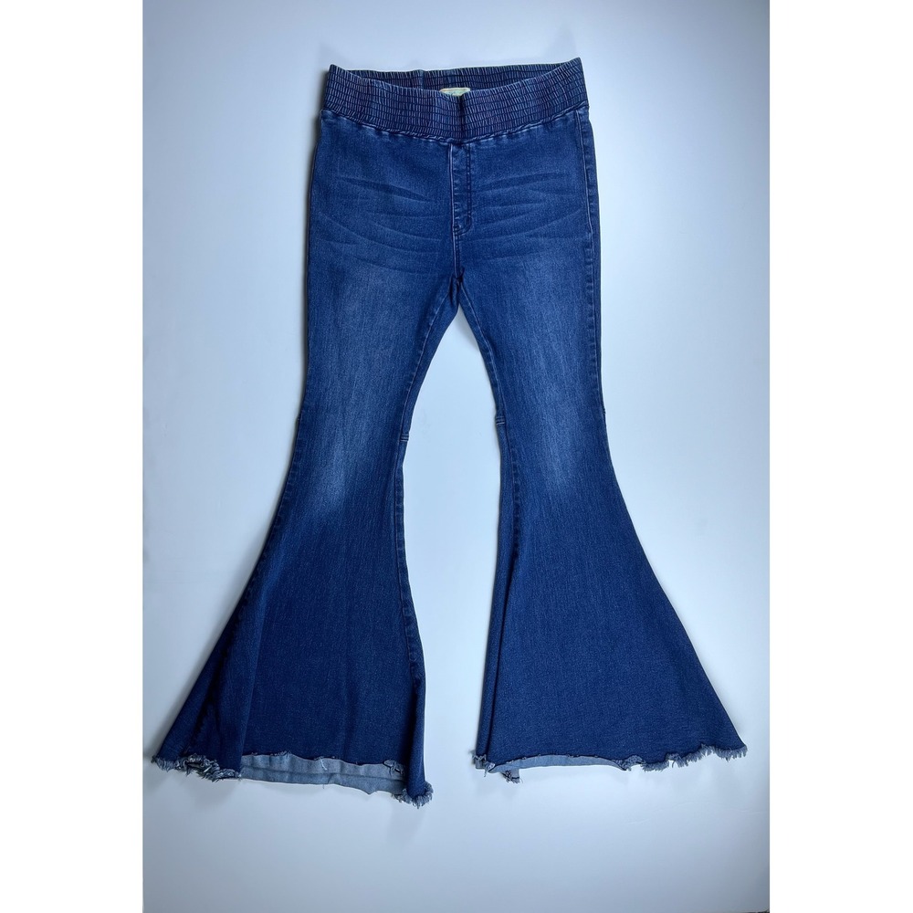 Turquoise Haven Womens Bell Bottom Jeans Medium Wash Smocked Waist Flare Size M